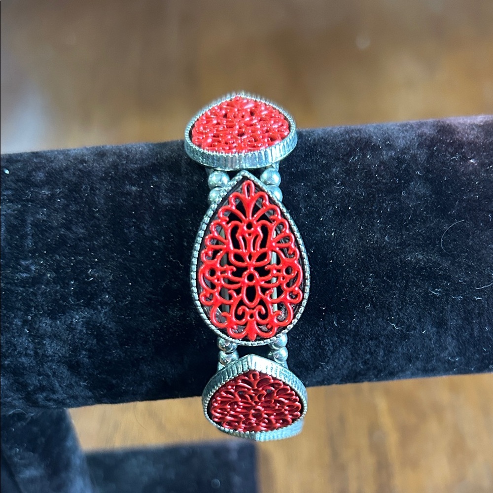 Vintage-Inspired Red Filigree Teardrop Stretch Bracelet Fits Med-Large Wrist